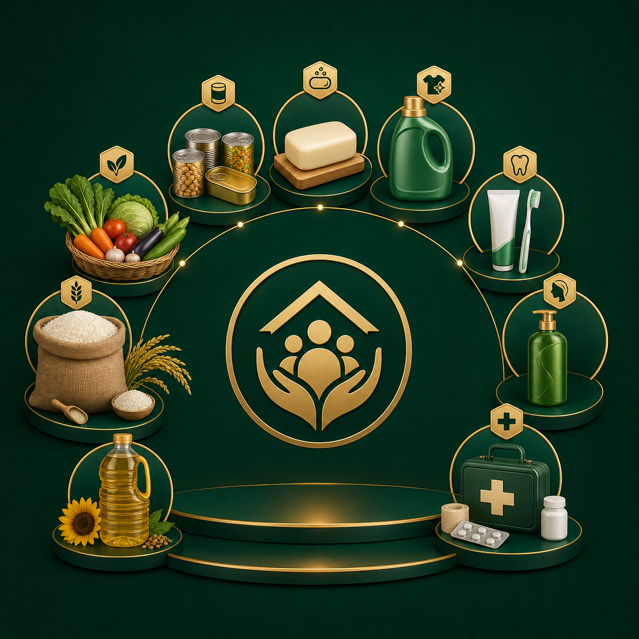 Daily essentials infographic showing food, soap, home care, and wellness products